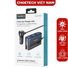 Tẩu sạc đa năng mở rộng Choetech TC0021 thành 3 cổng cắm tẩu và 1 Usb + 2 Usb C công suất 200w (Hàng chính hãng)