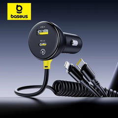 Tẩu sạc nhanh 2 cổng trên ô tô 60W Baseus Circular Plastic Car Charger tích hợp cáp lò xo Type C và Ligtning