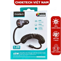 Tẩu sạc nhanh ô tô 65W Choetech TC0030 tích hợp dây cáp sạc lò xo Type C (Hàng chính hãng)