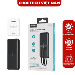 Pin dự phòng 22.5W Choetech B654 tích hợp 2 cáp sạc Type C và Lightning 10.000mAh ( Hàng chính hãng)