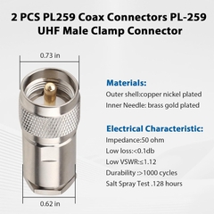 PL259 Coax Connectors 50 Ohm PL-259 UHF Male Clamp Connector for LMR400 KMR400 RG8 RG8U RG213 Coaxial Cable