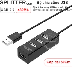 Bộ chia USB 4 cổng V2.0 - USB HUB 2.0 4 port Unitek Y-2140 cáp dài 80Cm