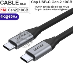 Cáp USB type C 3.1 Gen 2 10Gbps video HD 4K60Hz power 100W Unitek C14083ABK 1 mét