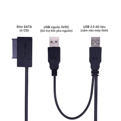 USB sang slim SATA đọc ổ CD laptop có hỗ trợ nguồn 5V - Slim SATA 7+6pin to USB 2.0 cable