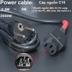 Dây nguồn C15 DIY 0.5 đến 5 mét - EU to C15 self-plug power cable 3x1mm 2500W