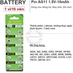 PIN AG11 SG11 SR58 LR58 162 361 362 LR721 SR721 1158SO Ttianqiu 1.55V - 1 vỉ 10 viên