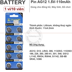 Pin LR43 SR43 386A V386 G12 AG12 1132SO 1133SO L1142 S1142 186 386 226 260 280 301 548 GS12 RW34 RW44 Tianqiu - 1 vỉ 10 viên