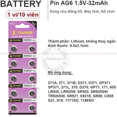 Pin nút AG6 G6 L4920 371 371A CX69 LR920W SR920 LR920H 171 1.55V-32mA dùng cho Đồng hồ Máy tính Tianqui 1.55V- 1 vỉ 10 viên