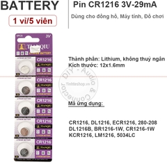 Pin cúc áo CR1216 DL1216 ECR1216 KCR1216 - Lithium battery 3V CR1216 Tianqiu 1 vỉ 5 viên