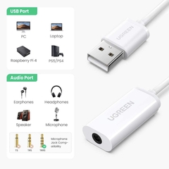 Sound card USB Ugreen US206 30712 - Sound Card External 3.5mm USB Adapter USB to Headphone Speaker Audio Interface for Computer PS4