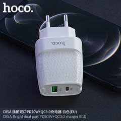 Cốc sạc 2 cổng USB Hoco C85A chân tròn QC3.0 và TypeC PD20W (Trắng)