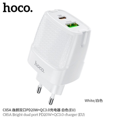 Cốc sạc 2 cổng USB Hoco C85A chân tròn QC3.0 và TypeC PD20W (Trắng)