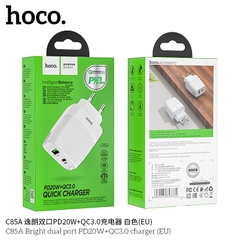 Cốc sạc 2 cổng USB Hoco C85A chân tròn QC3.0 và TypeC PD20W (Trắng)