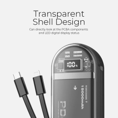 Pin Dự Phòng MAZER PowerCharge Link 1545 15000mAh PD45W Tích Hợp Dây Sạc iP và USB-C Vỏ Trong Suốt Hiện Đại