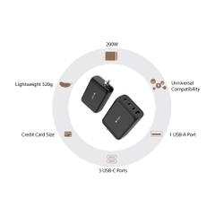 Củ Sạc MAZER GaNPrestige 200W Nhỏ Gọn Có Thể Sạc 2 Cổng 100W Đồng Thời 3xUSB-C 1xUSB A Kèm Cáp C-C 1.5m