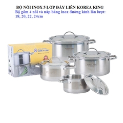 KP-4S5PLY Bộ nồi inox 5 lớp đáy liền Korea King (Bộ gồm 4 nồi đường kính 18, 20, 22, 24 cm, nồi và nắp đều bằng inox)-Hàng chính hãng