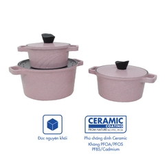 KP-3LI - Bộ nồi Levante đáy từ (Nồi, nắp bằng nhôm đúc, đường kính 20, 24, 28cm, màu hồng) - Hàng chính hãng
