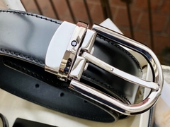 Dây Lưng Montblanc Horseshoe Shiny Palladium Coated Shiny Black Brushoff Plain Leather 30mm 126012