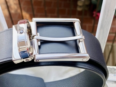 Dây Lưng Montblanc Casual Line Saqured Shiny Palladium Pin Buckle Black Cowhide Leather Strap 116718