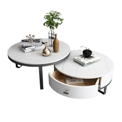 Bàn sofa đôi tròn có hộc kéo chân sắt hiện đại mặt đá ceramic BTS-98