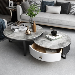 Bàn sofa đôi tròn có hộc kéo chân sắt hiện đại mặt đá ceramic BTS-98