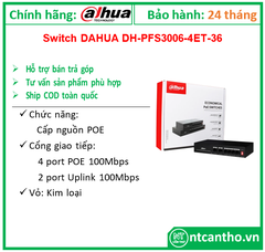 Switch POE 4P +2P Uplink  100Mbps -  DH-PFS3006-4ET-36 ; 12T