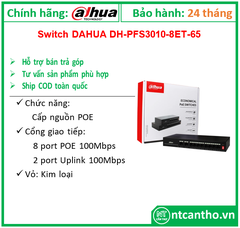 Switch PoE 8P +2P Uplink Dahua  - DH-PFS3010-8ET-65; 12T