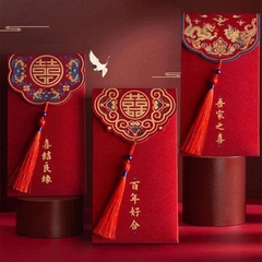 Set 10 bao lì xì đỏ hoa văn dây thêu sang trọng