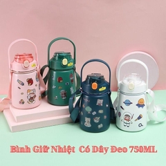 Bình nước giữ nhiệt lõi inox kèm sticker và dây đeo 750ml