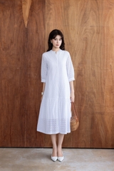 SWANLAKE | Váy Đầm Nữ Maxi Suông Đuôi Cá Cổ Trụ Cài Nút Cotton Thêu Đục Lỗ Tay Lỡ Du Lịch Hè D12761LW05