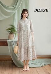 SWANLAKE | Váy Đầm Nữ Maxi Dáng Dài Cổ Trụ Cài Nút Tay Lỡ Linen Bông Nhí Xếp Ly Đuôi Cá D12355LW11