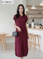 SWANLAKE | Váy Đầm Nữ Midi Suông Vải Linen Hàn Cổ Sơ Mi Cài Nút Tay Hến Vạt Bầu Công Sở D13825LW01