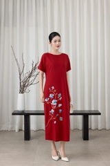 SWANLAKE | Váy Đầm Nữ Maxi Suông Tay Ngắn Cổ Tròn Vải Linen Thêu Hoa Có Túi Xẻ Tà Công Sở D13610LW01