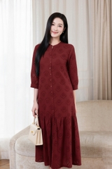 SWANLAKE | Váy Đầm Nữ Maxi Suông Đuôi Cá Cài Nút Linen Thêu Đục Lỗ Tay Bí Lỡ Du Lịch Biển Hè D12761LW01