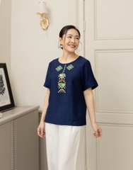 Áo Trung Niên Tay Ngắn Thêu Chữ Thập Lụa Hàn - A11273LW01