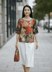 Áo Kiểu Nữ Trung Niên Tặng Mẹ Chất Vải Chiffon In Hoa Cổ Tròn Tay Lỡ Xếp Tầng A07314