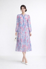 SWANLAKE | Váy Đầm Nữ Maxi Suông Xòe 2 Lớp Cổ Chữ V Cài Nút Tay Dài Vải Tơ In Hoa Đi Biển Hè D12073LW12