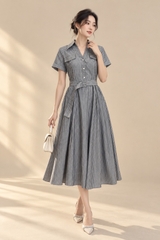SWANLAKE | Váy Đầm Nữ Dài Dáng Xòe Cổ Sơ Mi Kẻ Sọc Vải Cotton Tay Ngắn Dây Thắt Eo Công Sở D14235MW01