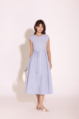 SWANLAKE | Váy Đầm Nữ Maxi Đuôi Cá Xếp Tầng Cotton Sọc Sát Nách Cổ Tròn Cài Nút Dây Thắt Eo D12971LW09
