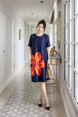 SWANLAKE | Váy Đầm Nữ Suông Cổ Tròn Vải Lụa Taffeta Dày In Hoa Tay Ngắn Sang Trọng Đi Tiệc D13086LW02