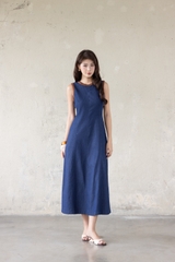 SWANLAKE | Váy Đầm Denim Nữ Dài Cổ Tròn Sát Nách Chiết Eo Vải Jean Wash Phối Viền Nâu D13908LW01