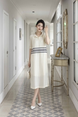 Váy Đầm Nữ Tay Ngắn Cổ Sơ Mi Vải Tơ Phối Ren Sọc Ngang Có Túi Công Dở Dạo Phố D13017LW01