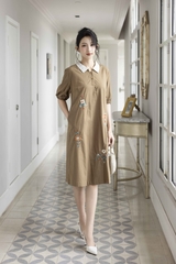 Váy Đầm Nữ Suông Vải Cotton Thêu Hoa Cổ Sơ Mi Tay Ngắn Phồng Công Sở Thanh Lịch D13077LW01