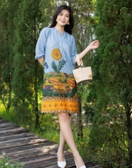 Đầm Cổ Trụ Lụa Linen Bông Suông Xanh Trời Swanlake - D11086LW03