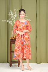 M-Collection - Đầm Hoa Cổ Tròn Đính Ngọc Trai Chất Đũi Hàn - D11573LW02