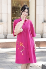 Đầm Sơ Mi Phom Suông Tay Ngắn Chất Liệu Linen Thêu Hoạ Tiết Hoa Lá Swanlake - D12274LW01