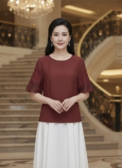 M COLLECTION | Áo Kiểu Nữ Trung Niên Tặng Mẹ Cổ Tròn Vải Lụa Hàn Thêu Hoa Phối Tay Lưới A10957