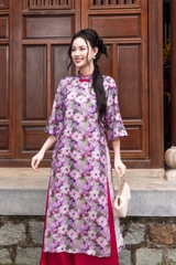 Áo Dài Cát An Hoa Kết Đính Nút Tàu Ở Cổ Một Lớp Chất Đũi Hàn Swanlake (Không bao gồm quần) Tím - L12019LW01