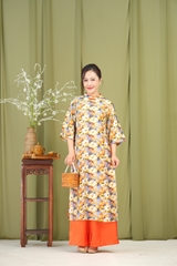 Áo Dài Cát An Hoa Kết Đính Nút Tàu Ở Cổ Một Lớp Chất Đũi Hàn Swanlake (Không bao gồm quần) - L12019LW01