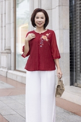 M COLLECTION | Áo Kiểu Nữ Trung Niên Tặng Mẹ Tơ Lót Lụa Hàn Thêu Hoa Cài Nút Tay Lỡ Xẻ 2 Mảnh A12848LW01